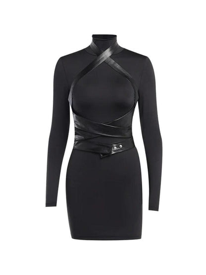 Leather Splice Long Sleeve Bodycon Mini Dress