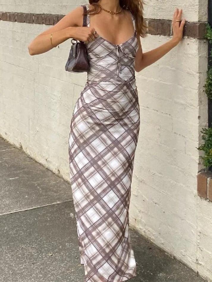 Plaid Print V Neck Midi Dress