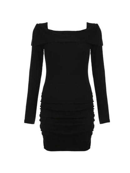 Solid Shirred Lapel Neck Knit Mini Dress