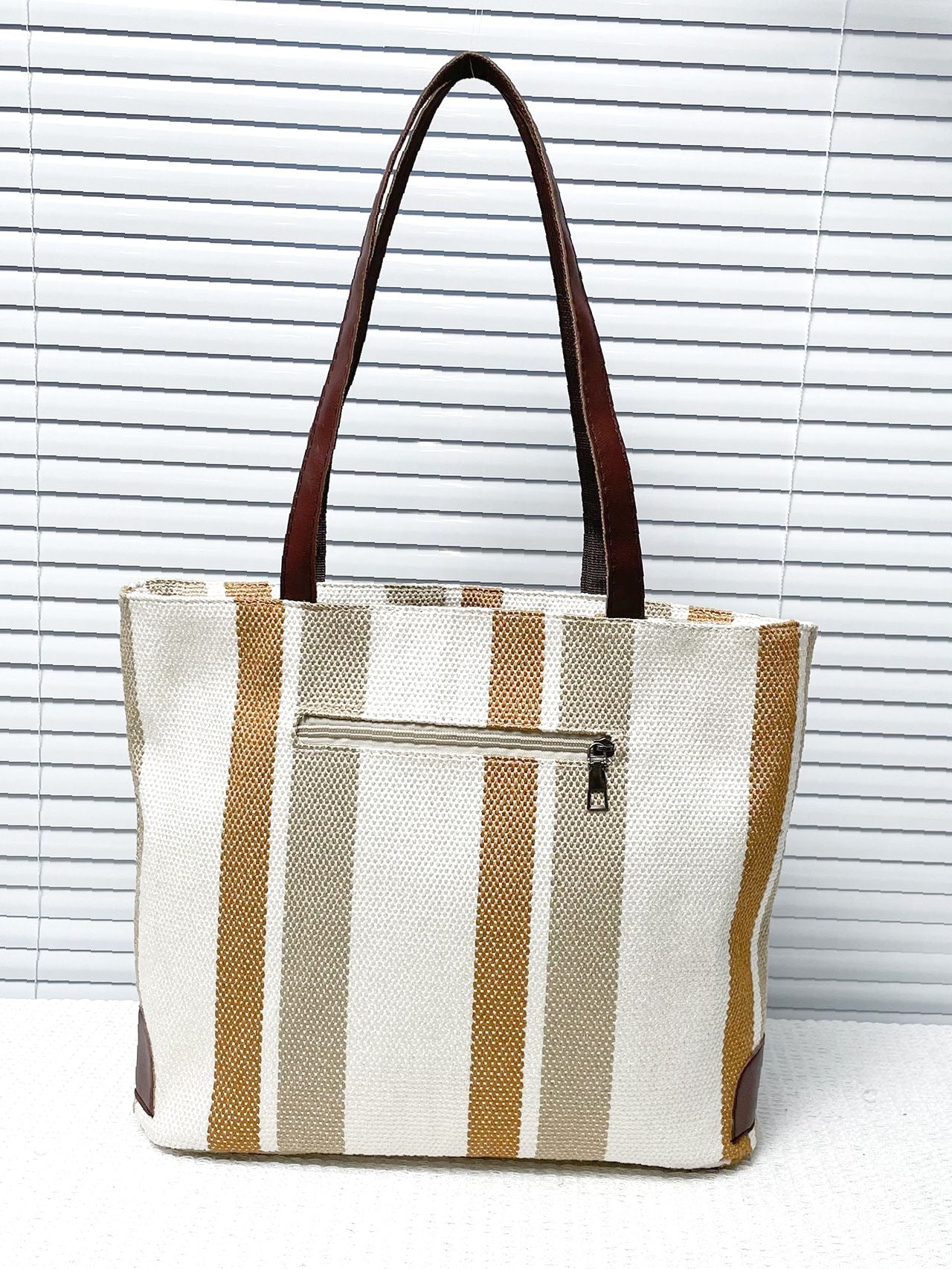 binfenxie - Striped Pattern Letter Patch Shoulder Tote Bag  - Women Tote Bags