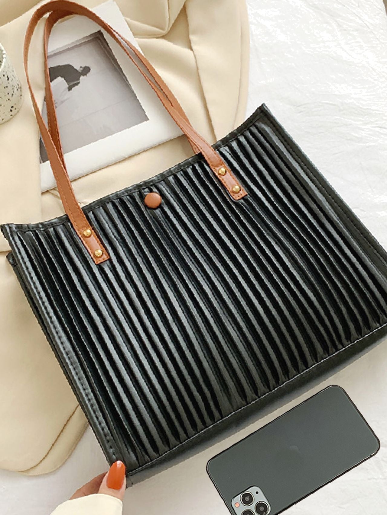 binfenxie - Vertical Striped Shoulder Tote Bag  - Women Tote Bags