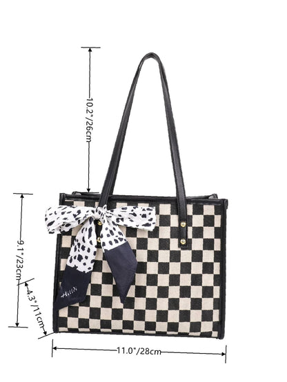 binfenxie - Twilly Scarf Decor Plaid Graphic Tote Bag  - Women Tote Bags