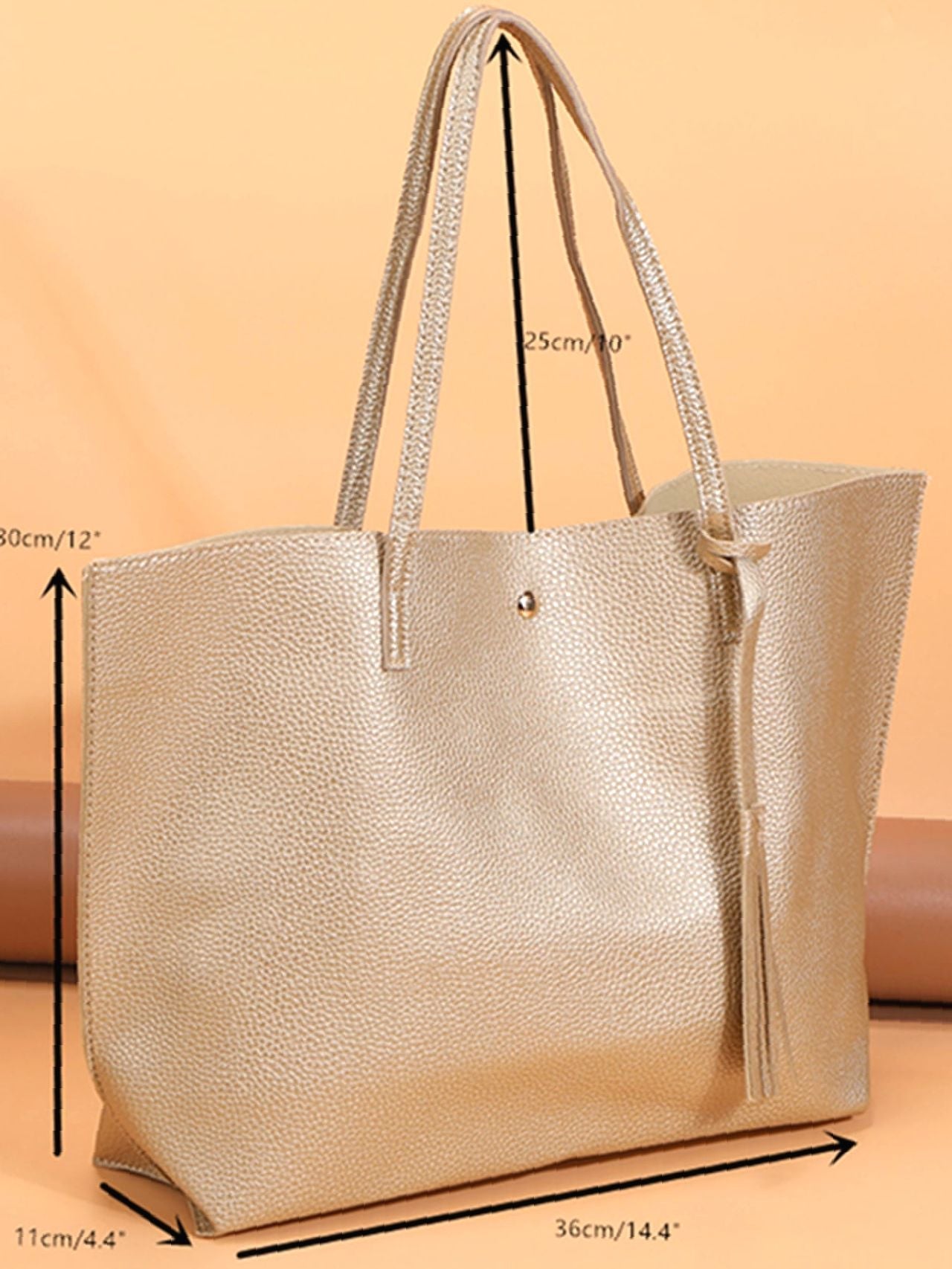 binfenxie - Metallic Pebble Embossed Tassel Decor Tote Bag  - Women Tote Bags