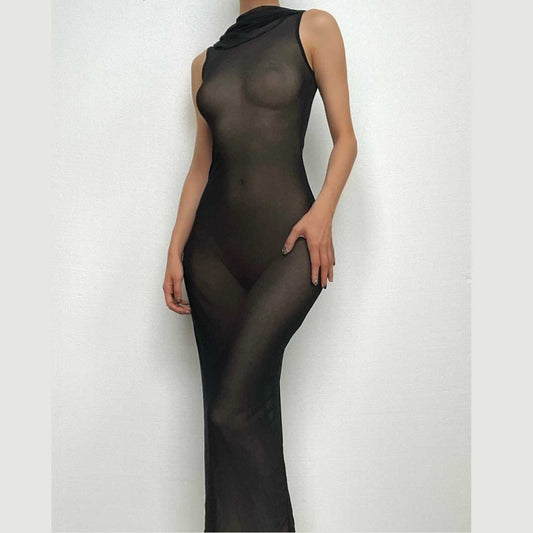 Sheer Mesh See Through Hoodie Sleeveless Maxi Dress