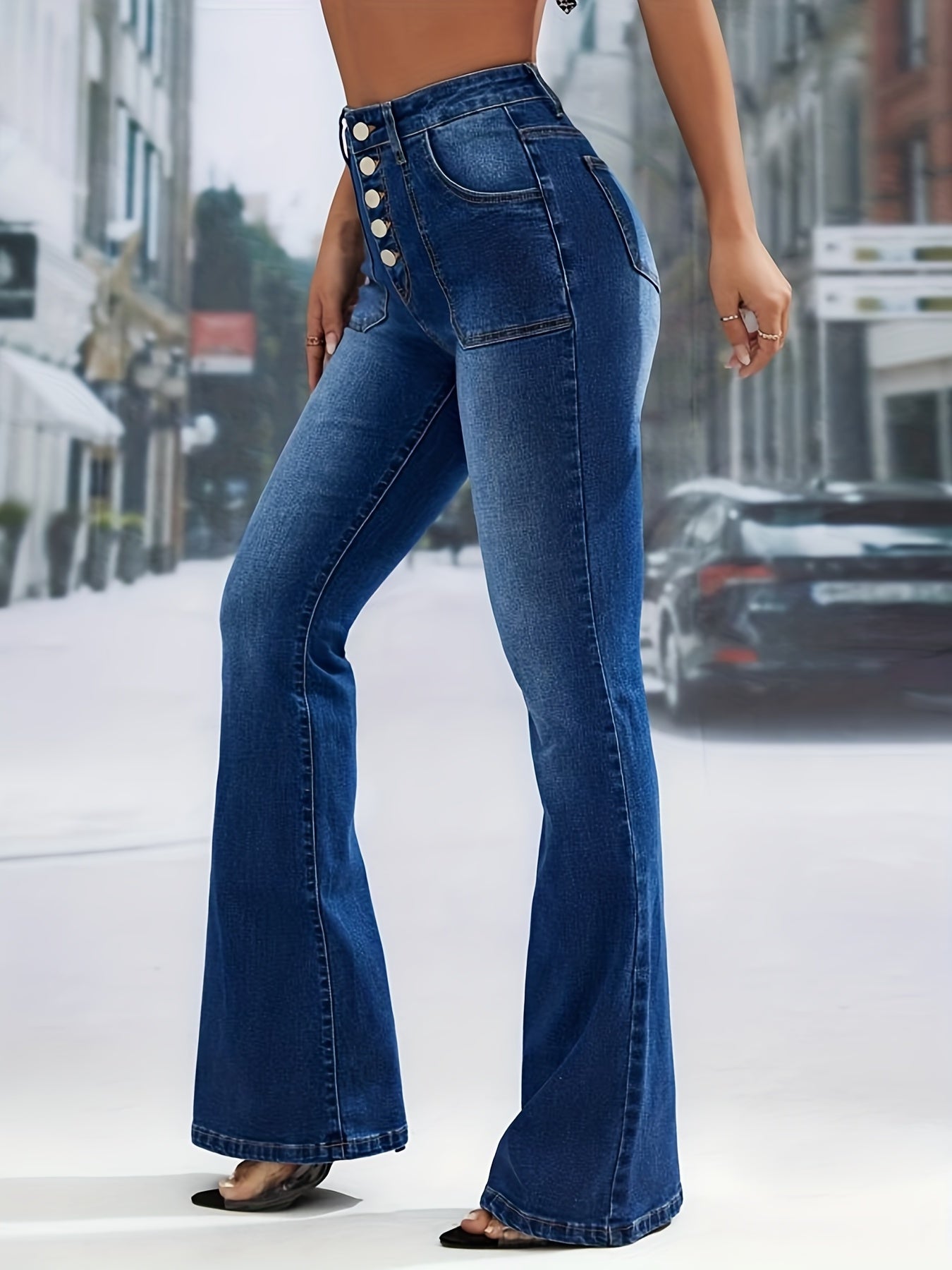 「binfenxie」Blue High Waist Flared Jeans, Bell Bottom Single-Breasted Button Slash Pockets Denim Pants, Women's Denim Jeans & Clothing