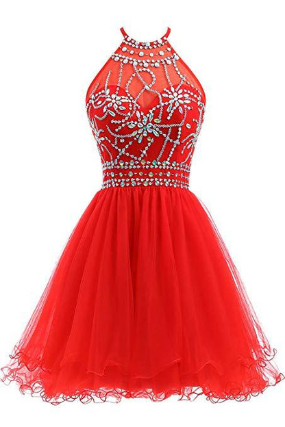 binfenxie-shop dresses Slim-Fit Small Dress Halter Short Bridal Wedding Dress Banquet Evening Dress Lace New Red Women