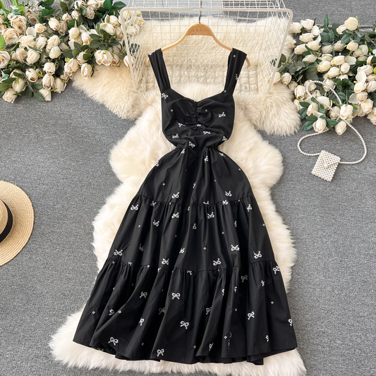 Embroidered Bow Tie Mid-length Resort Style Suspender Dress HOT1203