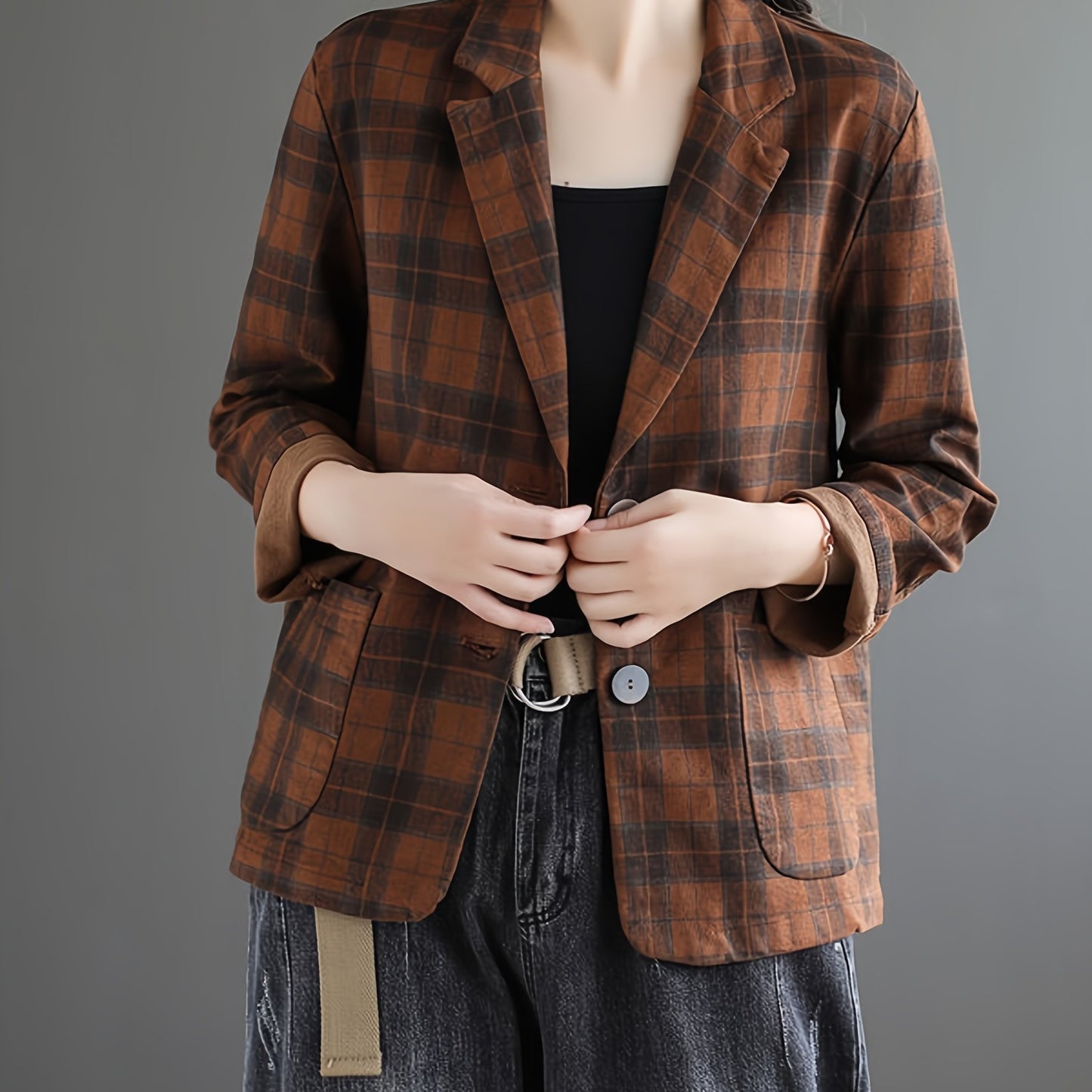 「binfenxie」Literary Cotton Linen Plaid Blazer, Women's Casual Coat