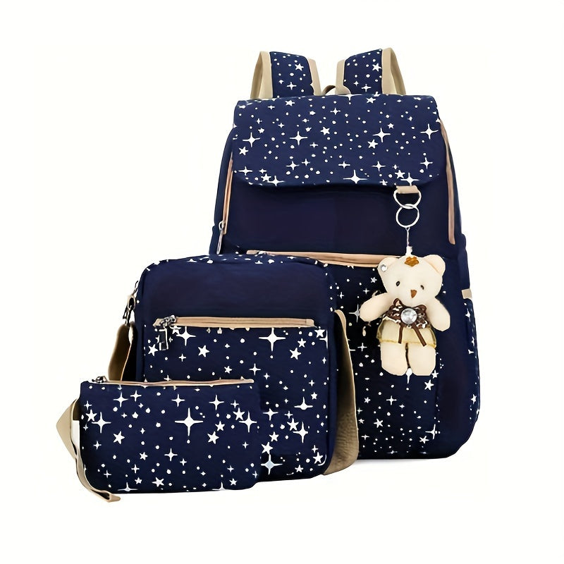 3-Piece Star Print School Backpack Set with Bear Charm - Durable Geometric Fabric, Zipper Closure, Polyester Lining, Includes Shoulder Bag & Pencil Case for Back to School Essentials