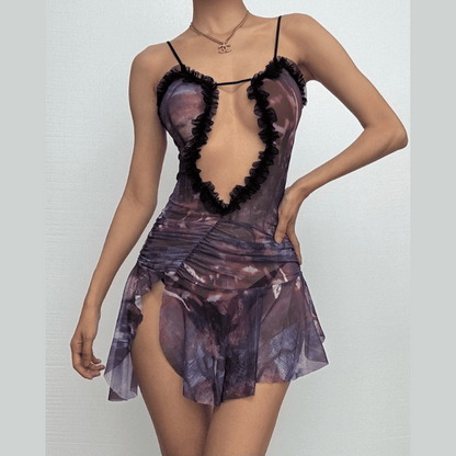 Ruched Ruffle Slit Sheer Mesh Hollow Out Cami Cut Out Mini Dress