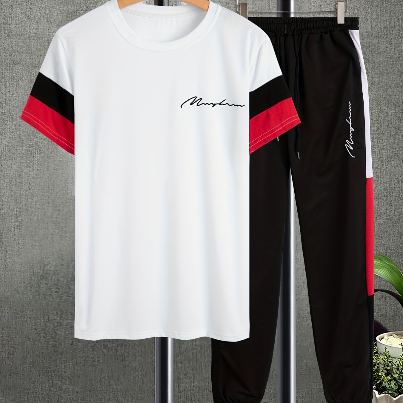 「binfenxie」Men's Colorblock Casual T-shirt Outfit Set, 2 Pieces Round Neck Short Sleeve Tees And Drawstring Long Pants