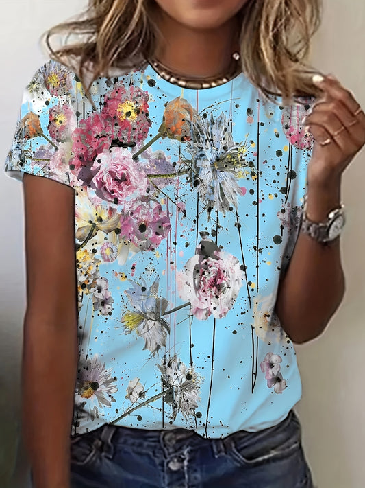 「binfenxie」Floral Print Crew Neck T-Shirt, Casual Short Sleeve T-Shirt For Spring & Summer, Women's Clothing