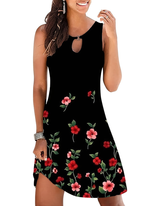 「binfenxie」Floral Print Sleeveless Crew Neck Dress, Party Bodycon Loose Stylish Dress, Women's Clothing