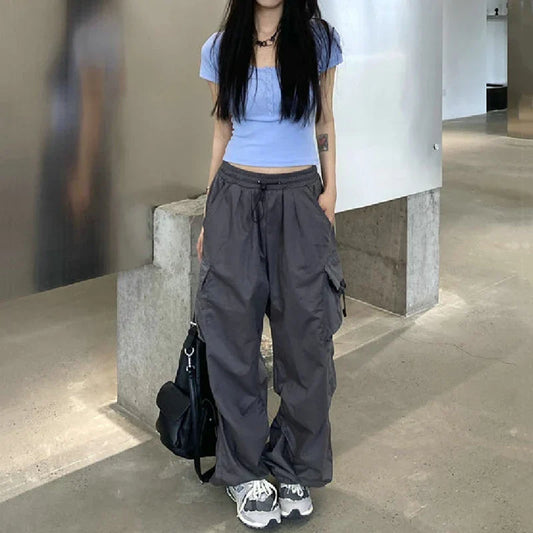 binfenxie Women Casual Cargo Pant Solid Low Waist Drawstring Big Pockets Wide Leg Baggy Trousers Female Y2K Streetwear Oversize Sweatpants