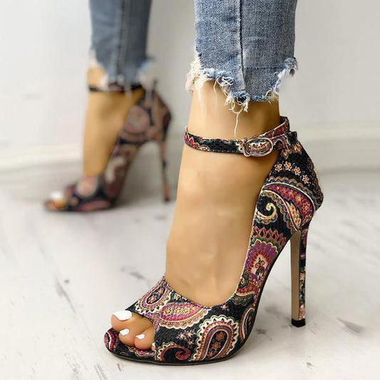 Women Vintage Heels Ethnic Print Sandals Ankle Strap High Heels