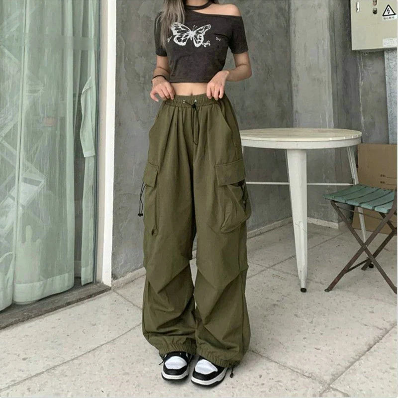 binfenxie Women Casual Cargo Pant Solid Low Waist Drawstring Big Pockets Wide Leg Baggy Trousers Female Y2K Streetwear Oversize Sweatpants