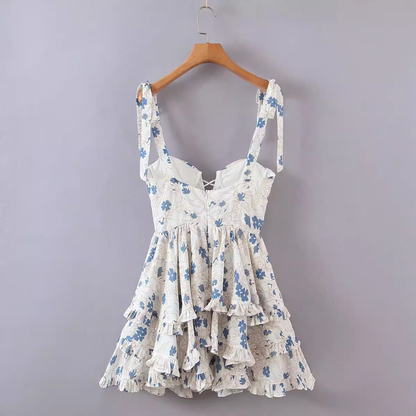 French Floral Print Sexy High Waist Suspender Dress HOT1405