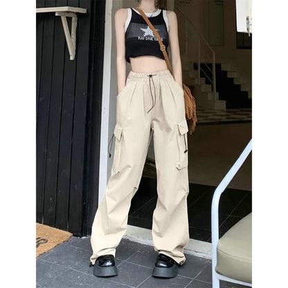 binfenxie Women Casual Cargo Pant Solid Low Waist Drawstring Big Pockets Wide Leg Baggy Trousers Female Y2K Streetwear Oversize Sweatpants