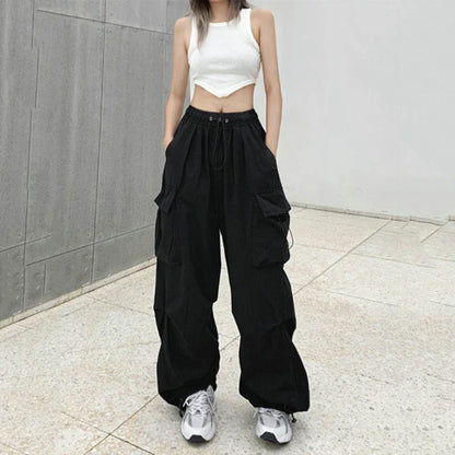 binfenxie Women Casual Cargo Pant Solid Low Waist Drawstring Big Pockets Wide Leg Baggy Trousers Female Y2K Streetwear Oversize Sweatpants