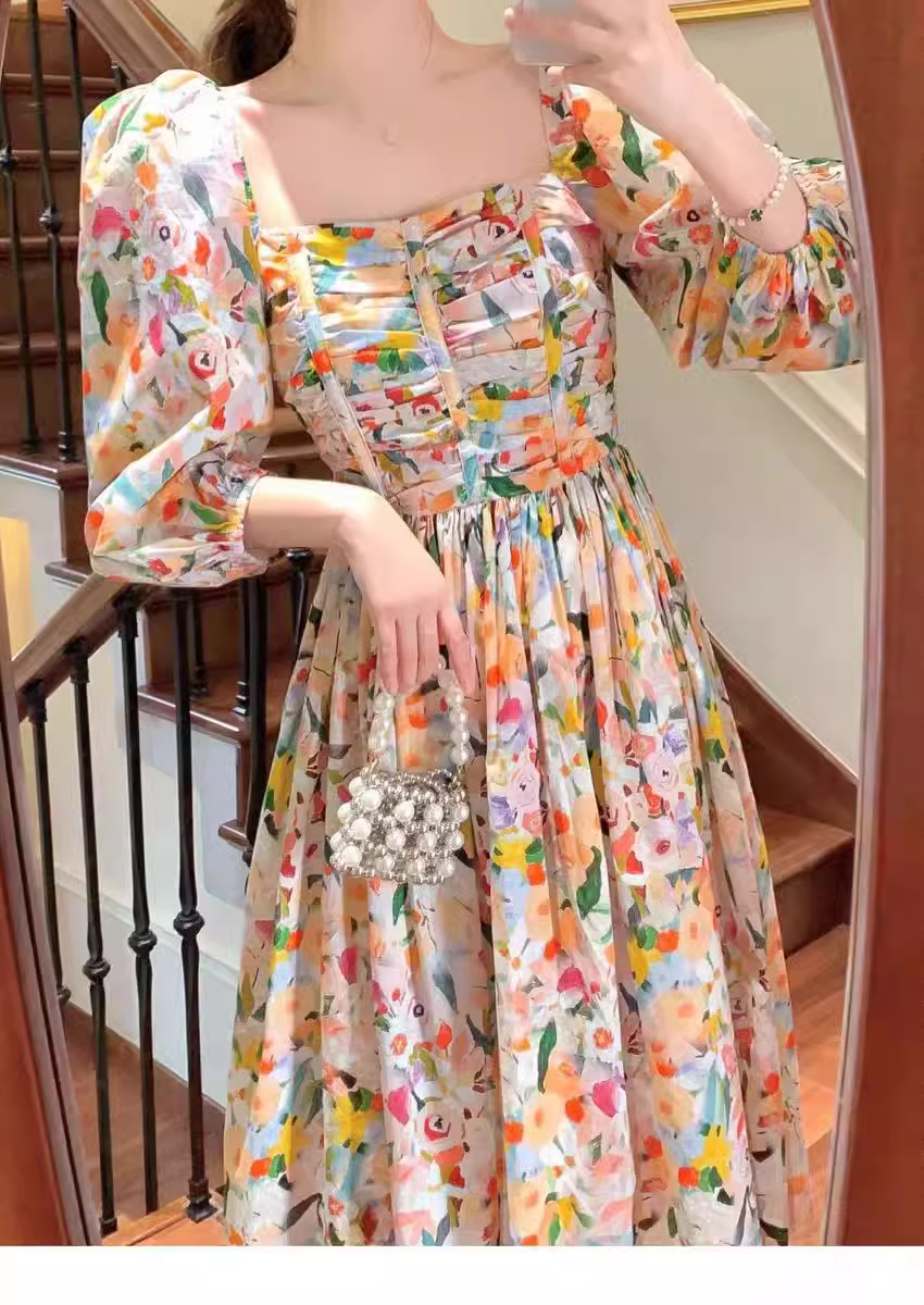 Retro Chic Floral Puff Sleeve Dress for Women Summer  HOT1133