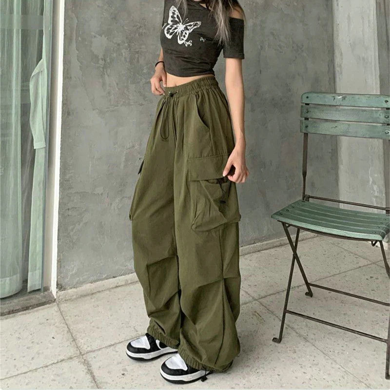 binfenxie Women Casual Cargo Pant Solid Low Waist Drawstring Big Pockets Wide Leg Baggy Trousers Female Y2K Streetwear Oversize Sweatpants