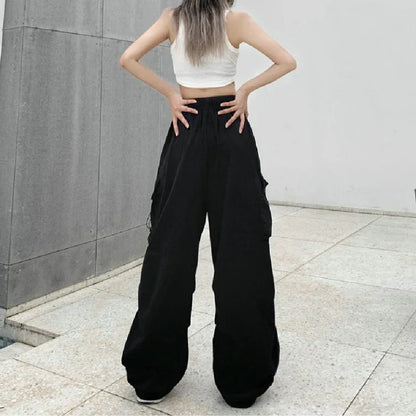 binfenxie Women Casual Cargo Pant Solid Low Waist Drawstring Big Pockets Wide Leg Baggy Trousers Female Y2K Streetwear Oversize Sweatpants