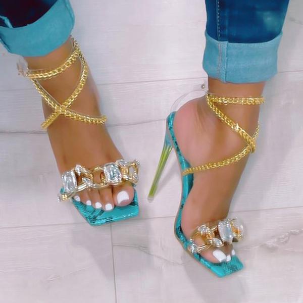 Women Julyshoess Noble Gold Chain Large Crystal High Heel Sandals