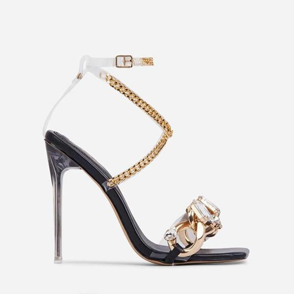 Women Julyshoess Noble Gold Chain Large Crystal High Heel Sandals