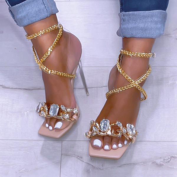 Women Julyshoess Noble Gold Chain Large Crystal High Heel Sandals