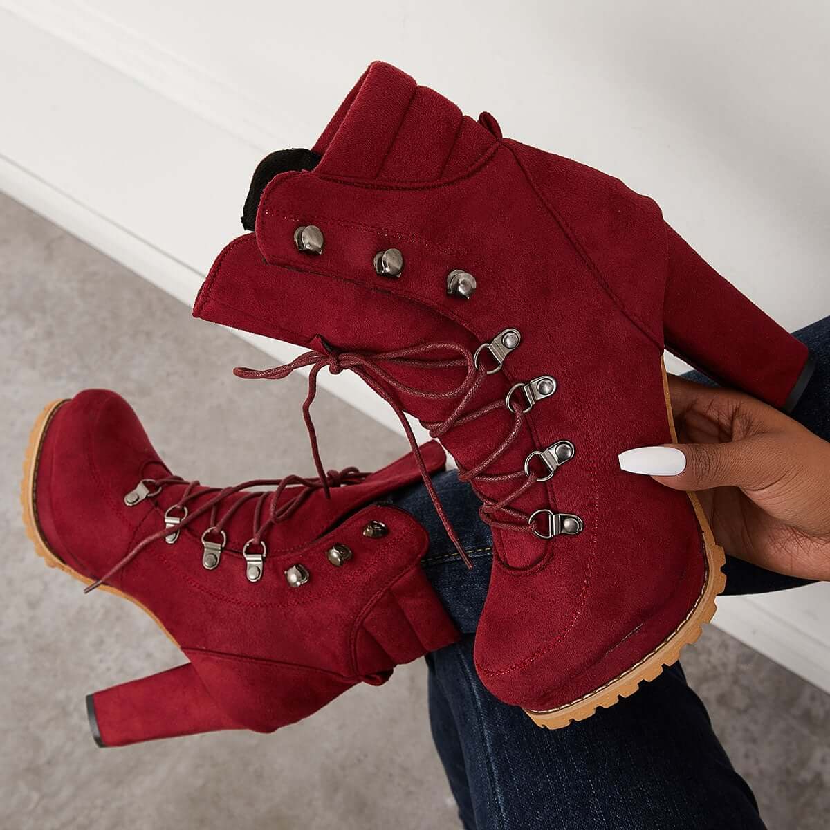 Non Slip Chunky Platform High Heels Lace Up Ankle Boots