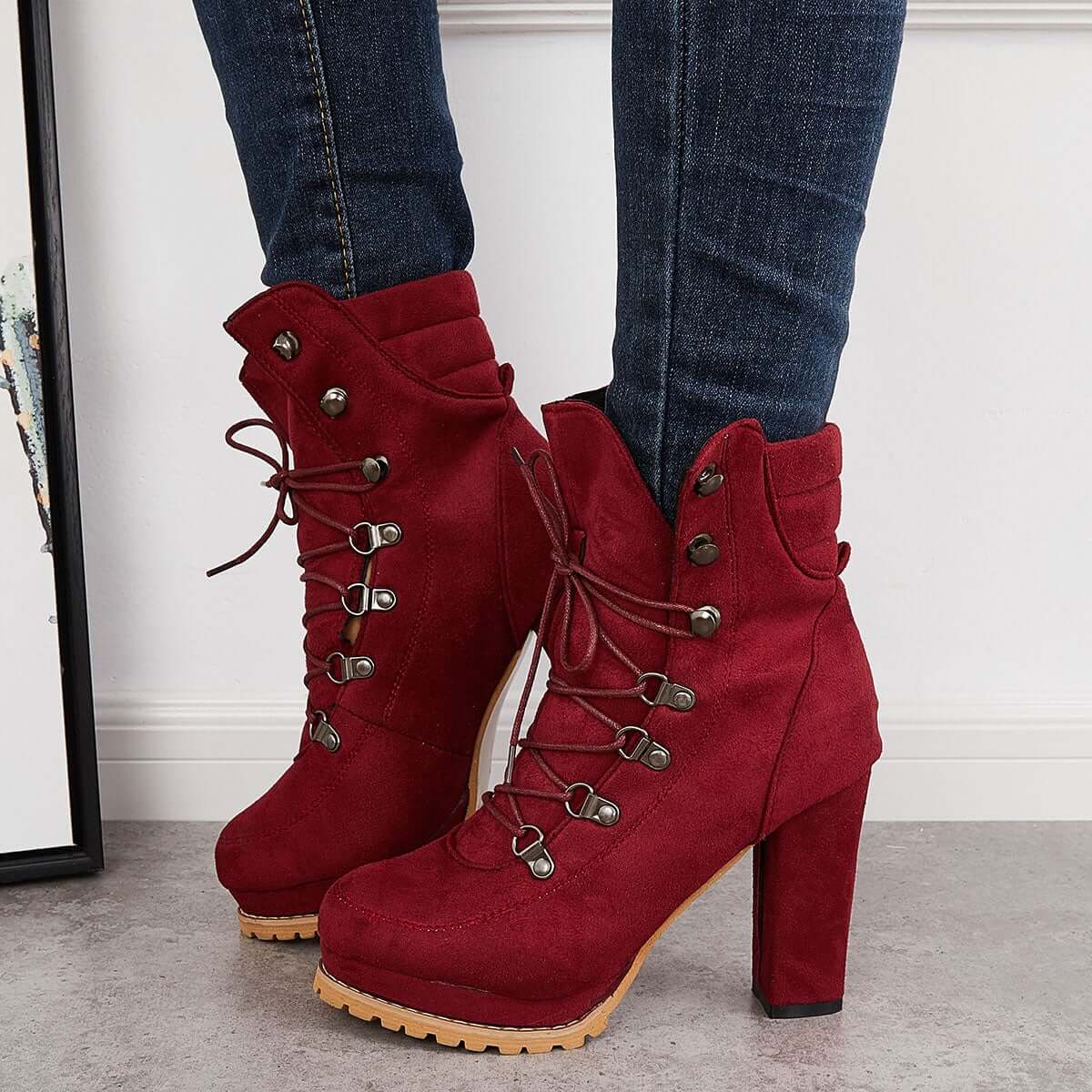 Non Slip Chunky Platform High Heels Lace Up Ankle Boots