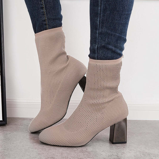 Stretch Knit Chunky Heel Sock Boots Slip on Ankle Booties for Women