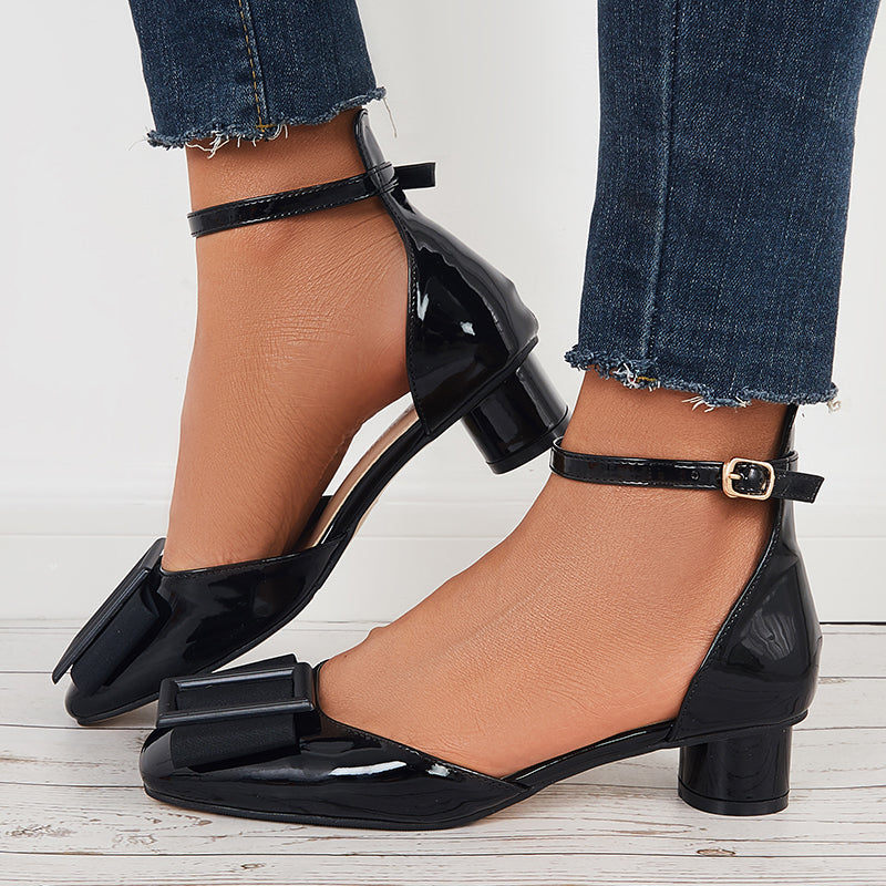 Ankle Strap Closed Toe Low Chunky Heels Dress Work Pumps