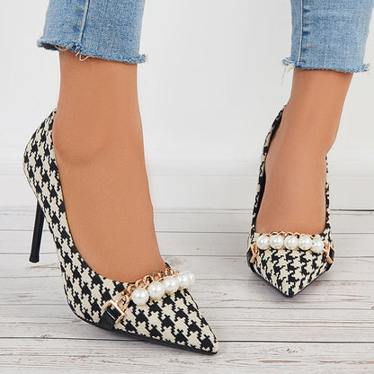 Plaid Pointed Toe Pumps Pearls Slip on Stilettos High Heel Shoes