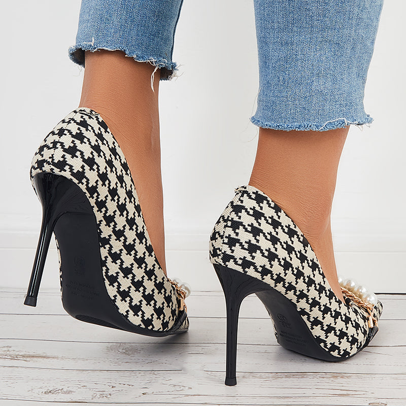 Plaid Pointed Toe Pumps Pearls Slip on Stilettos High Heel Shoes