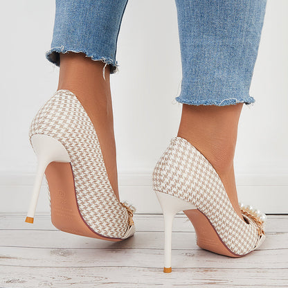 Plaid Pointed Toe Pumps Pearls Slip on Stilettos High Heel Shoes