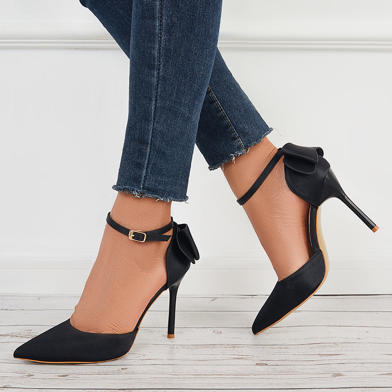 Pointed Toe Stilettos Back Bow Heels Ankle Strap Dress Pumps