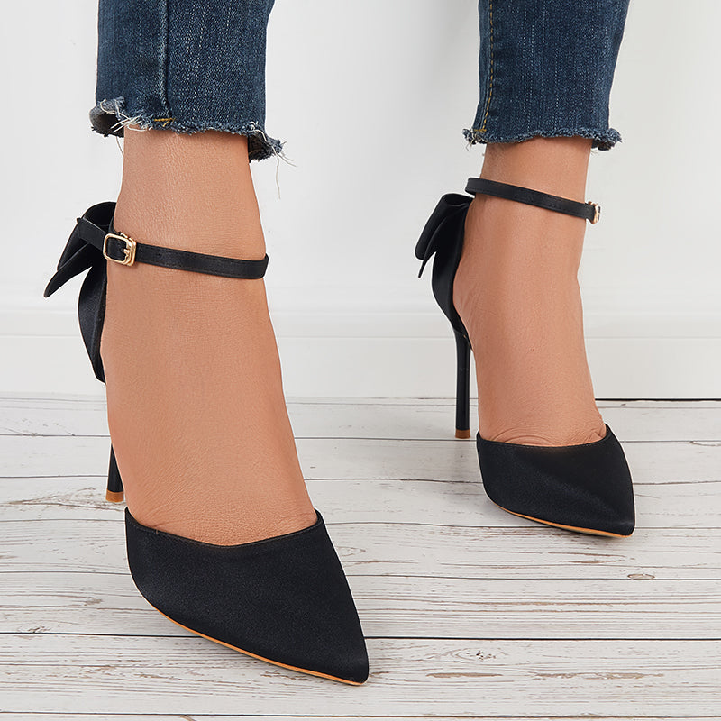 Pointed Toe Stilettos Back Bow Heels Ankle Strap Dress Pumps