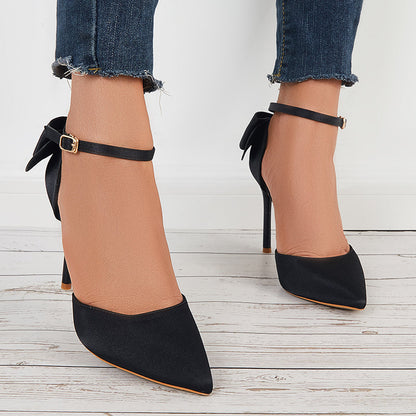 Pointed Toe Stilettos Back Bow Heels Ankle Strap Dress Pumps