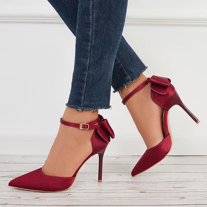 Pointed Toe Stilettos Back Bow Heels Ankle Strap Dress Pumps