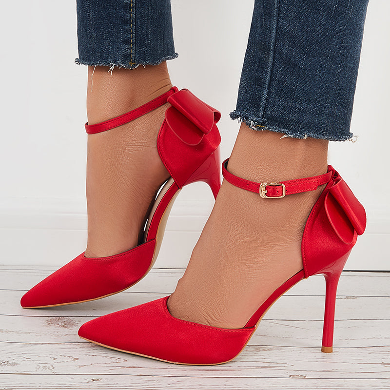 Pointed Toe Stilettos Back Bow Heels Ankle Strap Dress Pumps