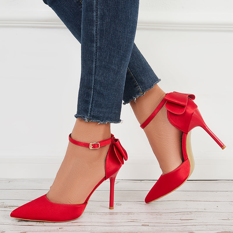 Pointed Toe Stilettos Back Bow Heels Ankle Strap Dress Pumps