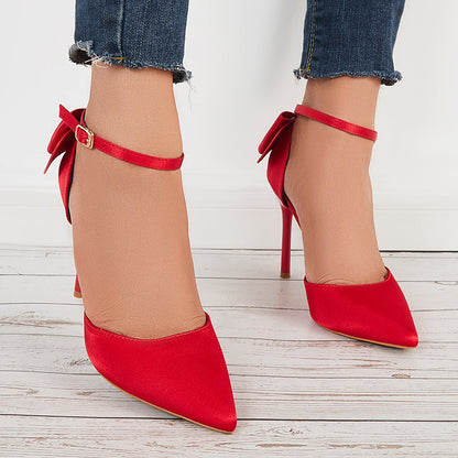 Pointed Toe Stilettos Back Bow Heels Ankle Strap Dress Pumps