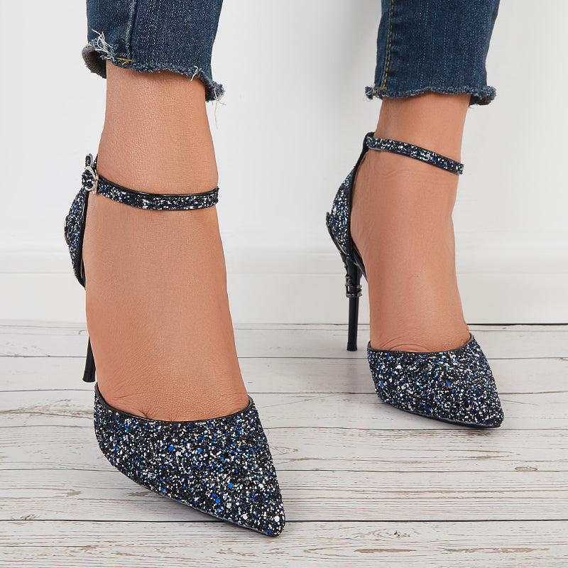 Shiny Sequins Stilettos High Heel Ankle Strap Dress Pumps