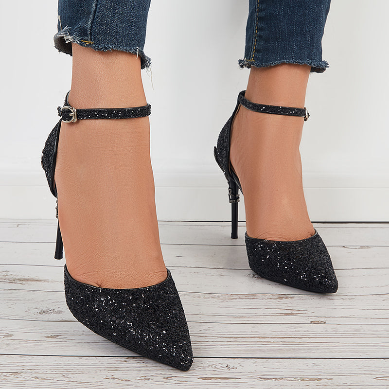 Shiny Sequins Stilettos High Heel Ankle Strap Dress Pumps