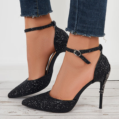 Shiny Sequins Stilettos High Heel Ankle Strap Dress Pumps