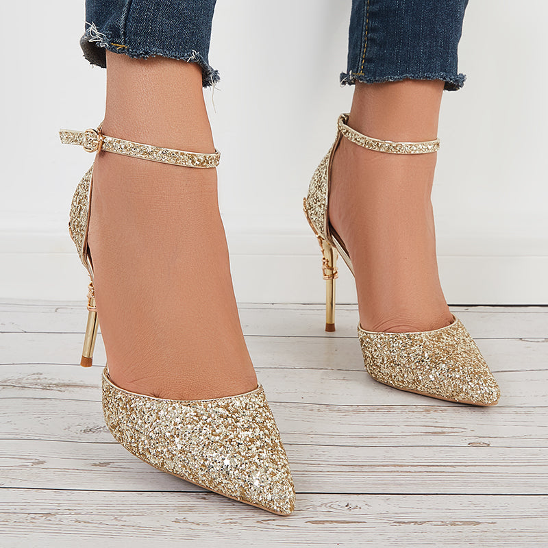 Shiny Sequins Stilettos High Heel Ankle Strap Dress Pumps