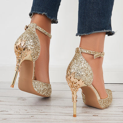 Shiny Sequins Stilettos High Heel Ankle Strap Dress Pumps