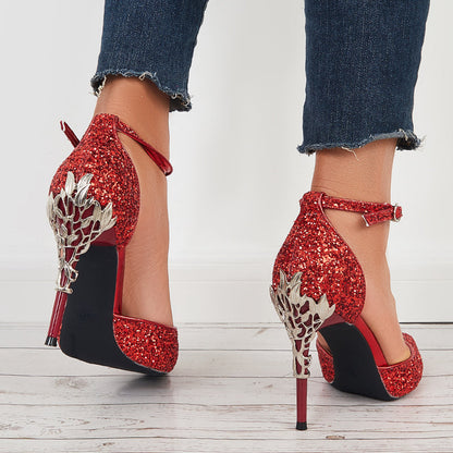 Shiny Sequins Stilettos High Heel Ankle Strap Dress Pumps