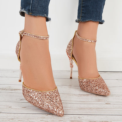 Shiny Sequins Stilettos High Heel Ankle Strap Dress Pumps